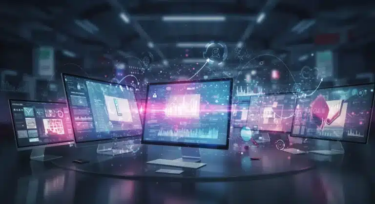 Dynamic digital marketplace with growth charts, symbolizing the 2025 US e-commerce outlook and market expansion.