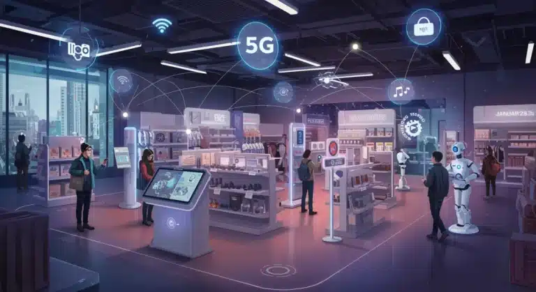 Futuristic retail store with 5G connectivity enhancing customer experience