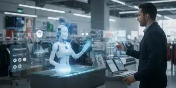Futuristic AI chatbot assisting a customer in a modern retail store, symbolizing improved service speed.