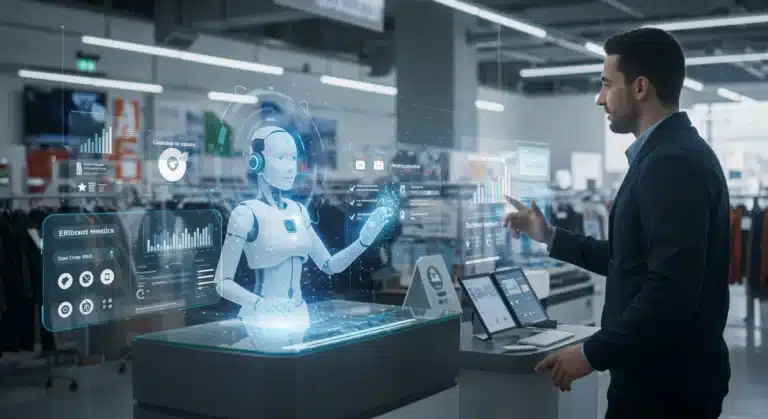 Futuristic AI chatbot assisting a customer in a modern retail store, symbolizing improved service speed.