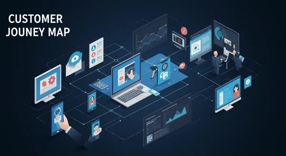 AI-powered customer journey map with personalized touchpoints and engagement metrics