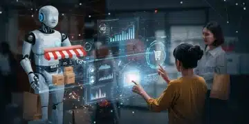 Futuristic e-commerce platform powered by AI, showcasing efficiency gains and personalized shopping experiences.