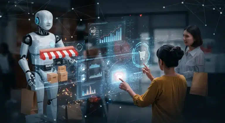 Futuristic e-commerce platform powered by AI, showcasing efficiency gains and personalized shopping experiences.