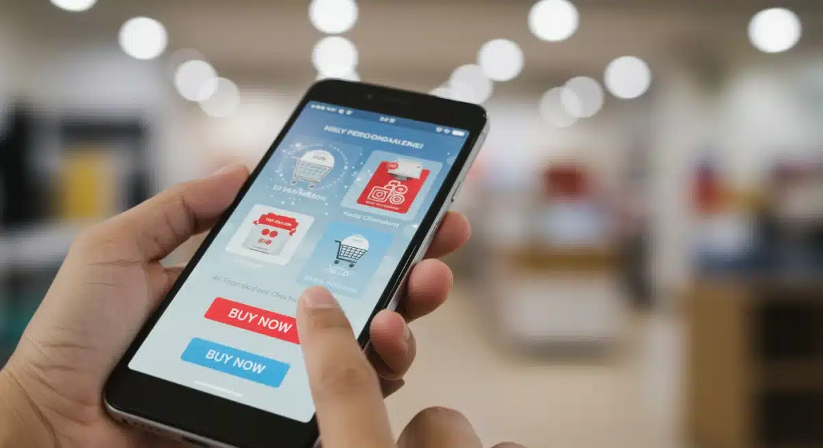 Smartphone displaying AI-powered personalized shopping with one-click checkout, illustrating enhanced mobile user experience.