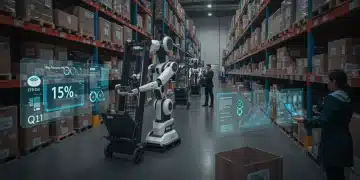 AI robots optimizing retail inventory in a modern warehouse, projected 15% profit increase
