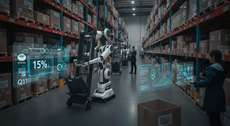 AI robots optimizing retail inventory in a modern warehouse, projected 15% profit increase