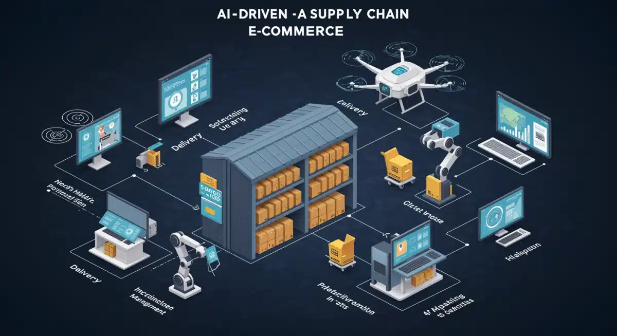 AI-powered supply chain optimization in e-commerce, showing automated logistics and predictive analytics.