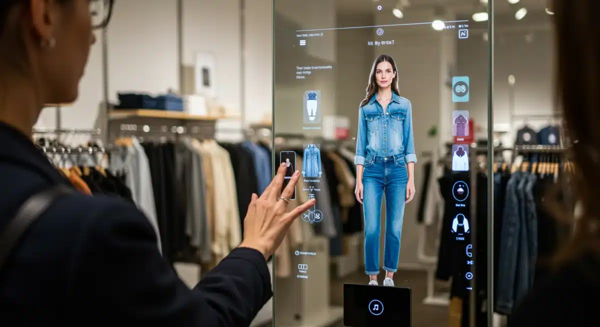 Customer using augmented reality mirror in a retail store for virtual try-on