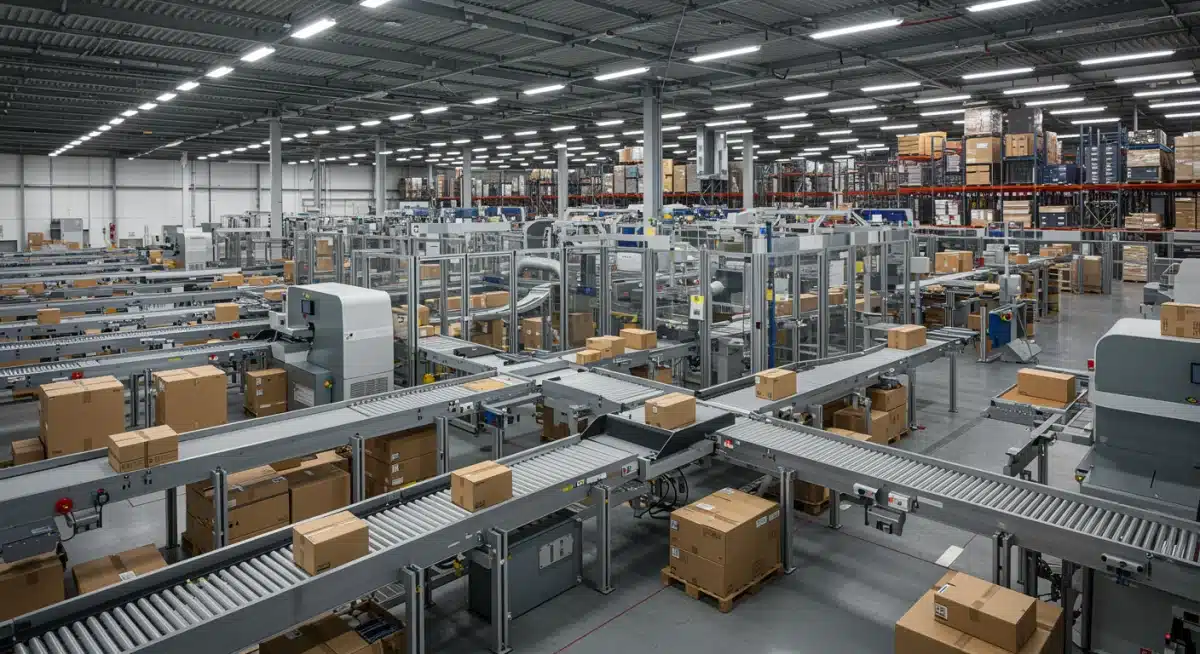 Automated warehouse with robots managing e-commerce inventory efficiently
