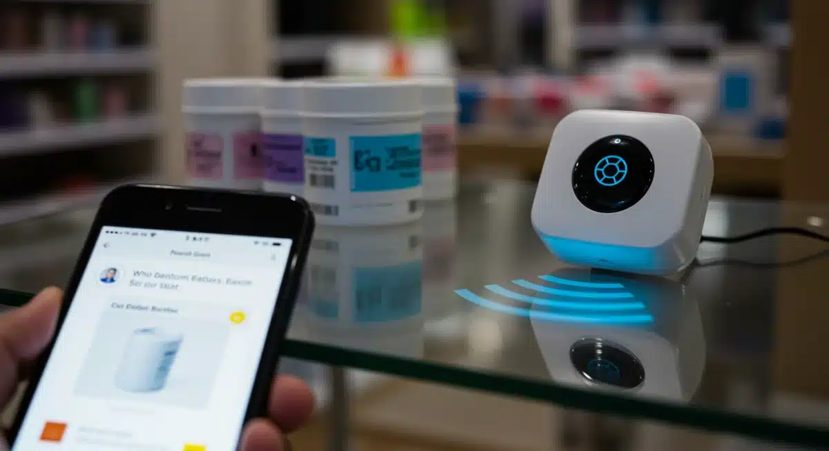 Close-up of a small beacon device near a product display with a personalized smartphone notification