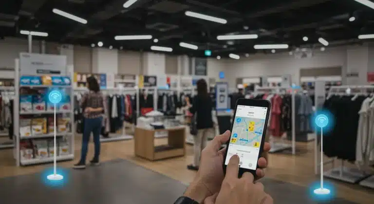 Modern retail store with customers engaging with beacon technology on smartphones