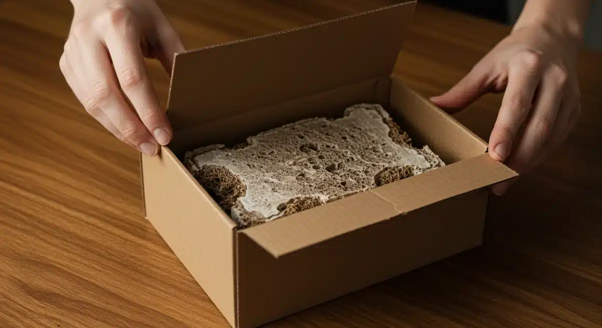 Compostable DTC packaging with mushroom-based inserts during unboxing
