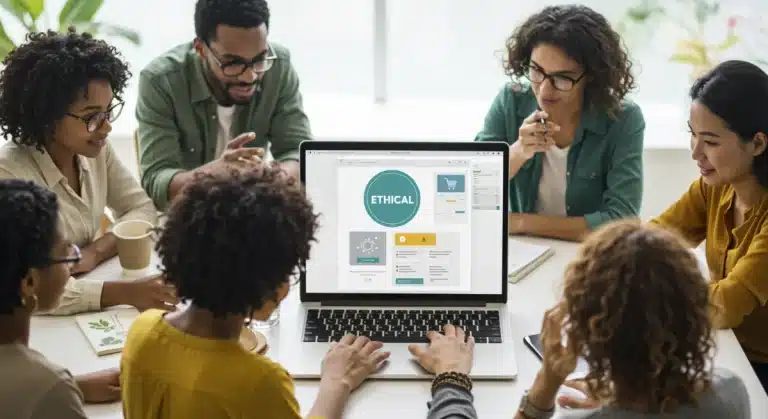 Conscious consumers engaging with an ethical e-commerce platform on a laptop.