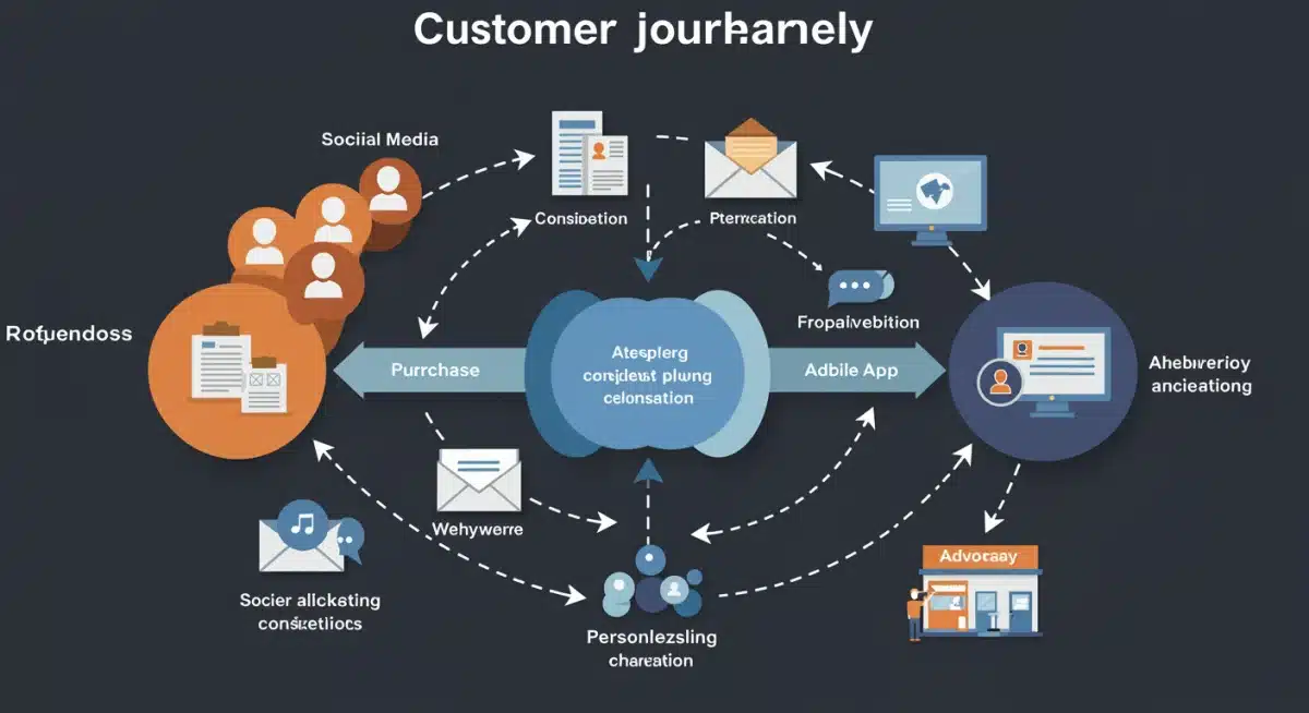Infographic showing a seamless customer journey across various marketing channels with data integration.