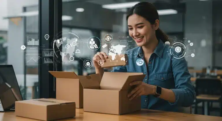 Customer unboxing product with digital overlay representing post-purchase engagement and loyalty