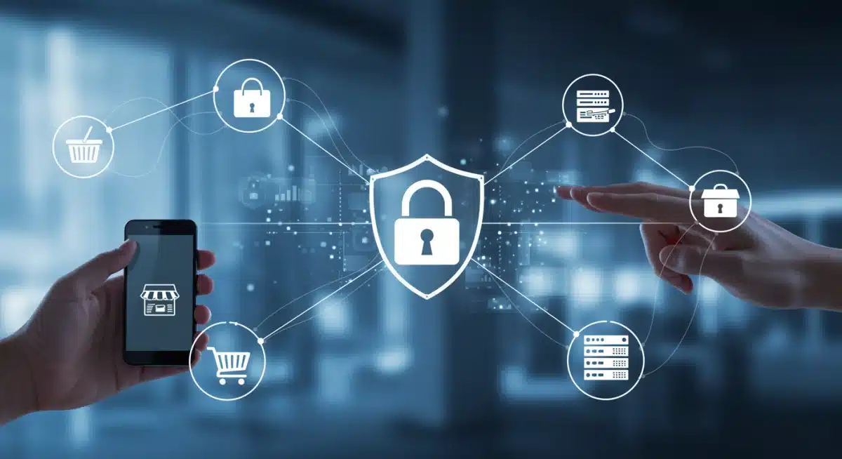 Data privacy and security illustration for retail, showing protected customer information.