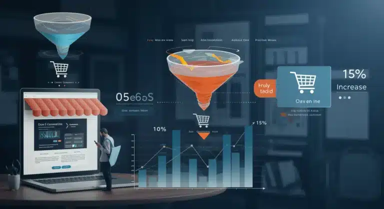 E-commerce conversion funnel showing a 15% boost in Q1 2025 for US retailers.