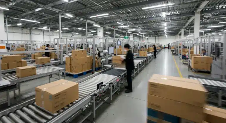 Modern e-commerce warehouse with automated systems handling increased order volume