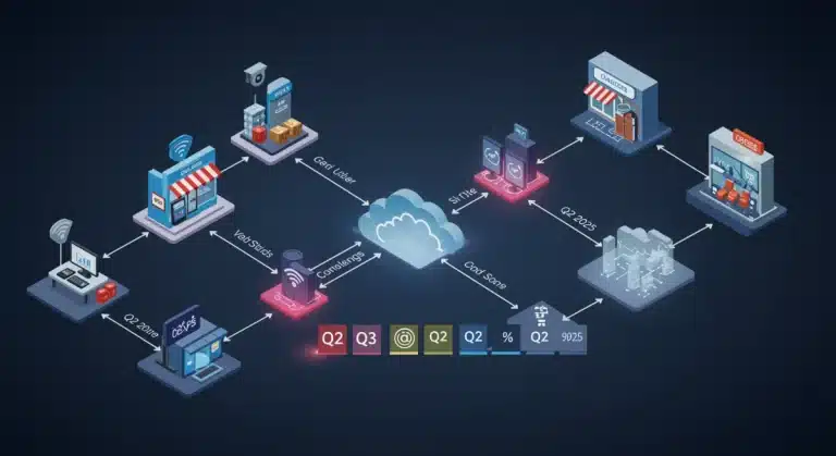Edge computing architecture enabling real-time retail analytics in Q2 2025 with interconnected retail systems.