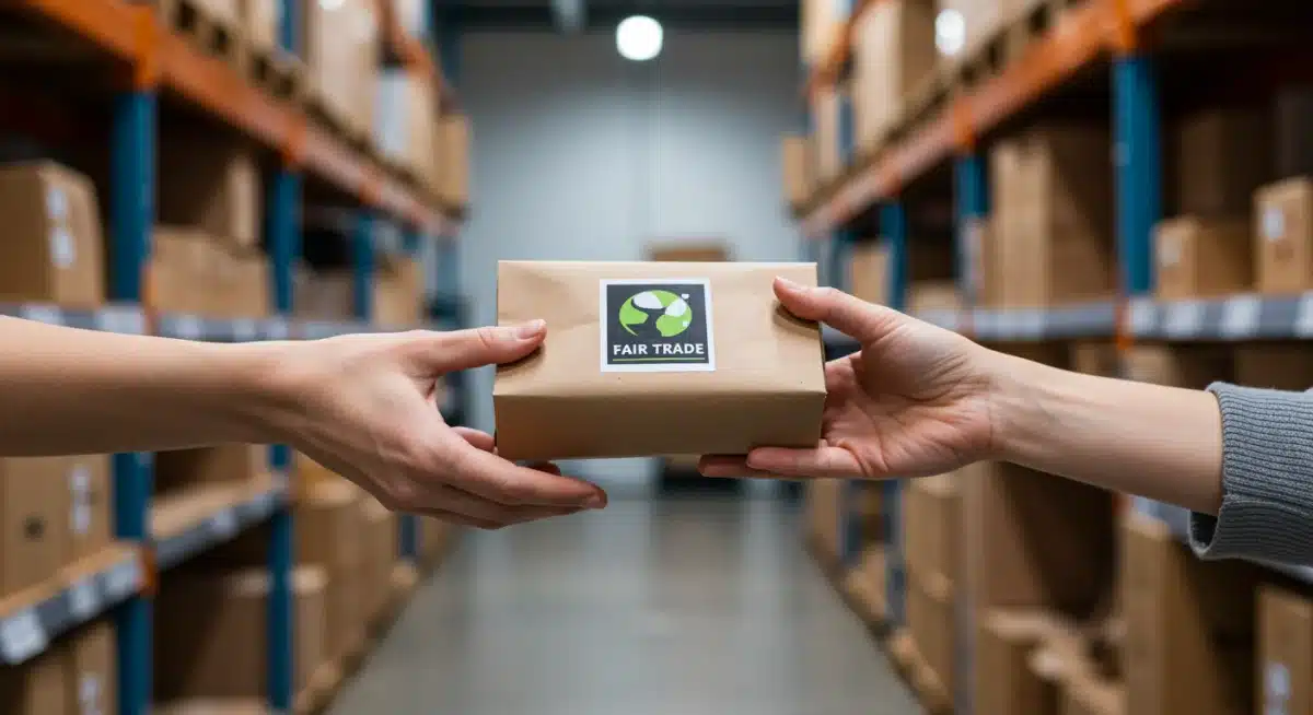 Close-up of a product with a fair trade label, symbolizing supply chain transparency.