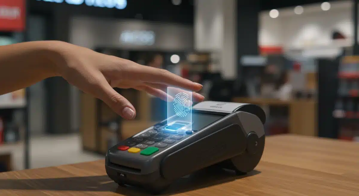 Customer using fingerprint scan for retail payment authentication