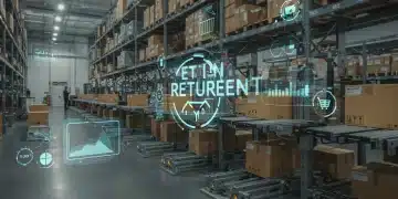 Futuristic e-commerce warehouse with AI-driven return management systems and data analytics dashboards.