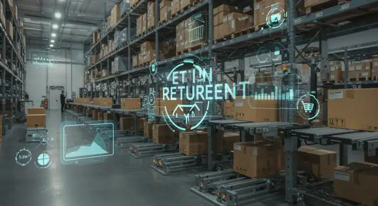 Futuristic e-commerce warehouse with AI-driven return management systems and data analytics dashboards.