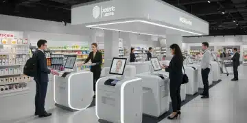 Futuristic retail checkout with biometric authentication, securing transactions