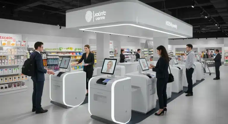 Futuristic retail checkout with biometric authentication, securing transactions