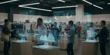 Futuristic retail store with data analytics visualizations