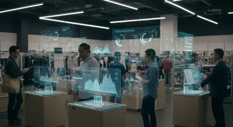 Futuristic retail store with data analytics visualizations