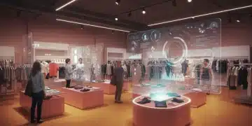 Futuristic retail store with data visualizations and engaged customers