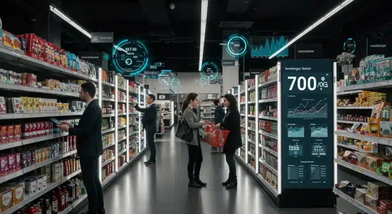 Futuristic smart shelves in a retail environment showcasing automated inventory and dynamic pricing.