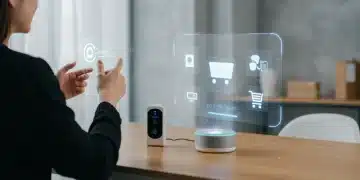 Futuristic voice commerce interaction with smart speaker and holographic product display