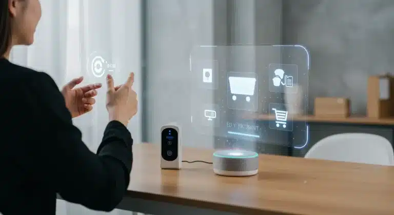 Futuristic voice commerce interaction with smart speaker and holographic product display