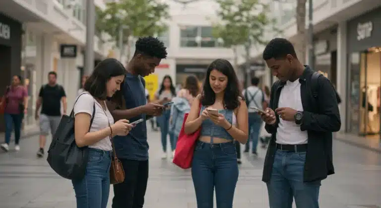 Gen Z consumers engaging with digital devices in a modern retail setting