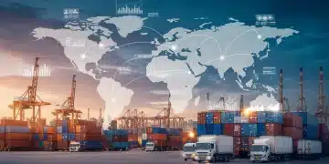 Global supply chain network with digital data overlays and US map focus