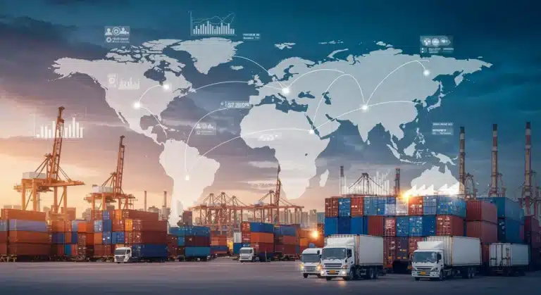 Global supply chain network with digital data overlays and US map focus