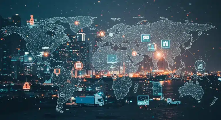 Global supply chain network with digital data flow and disruption warnings