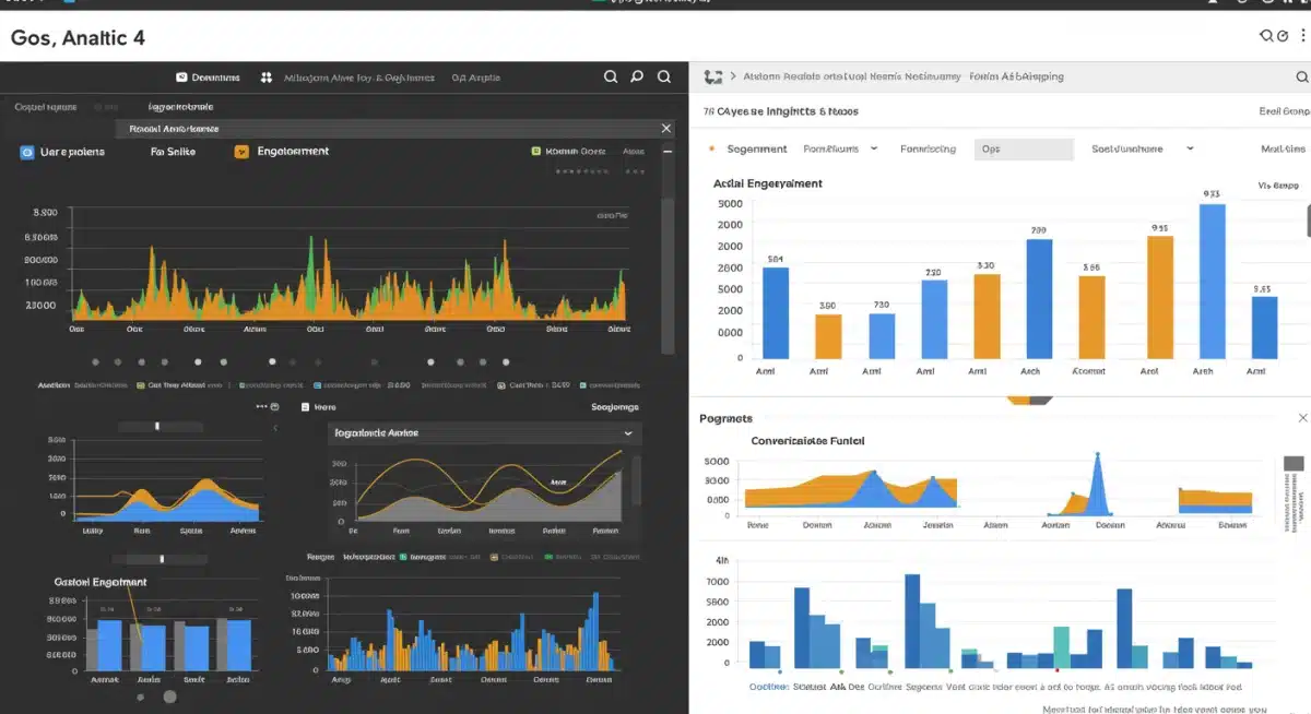 Google Analytics 4 interface depicting e-commerce conversion funnels and user engagement data