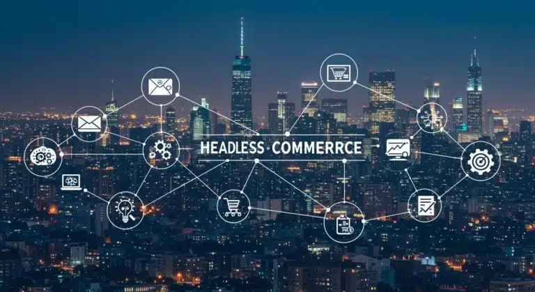 Digital roadmap for headless commerce implementation with US city skyline background