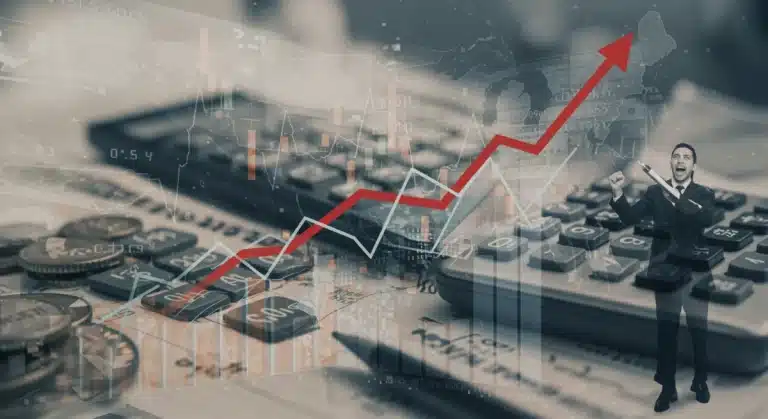 Graph showing rising inflation in the US market with business tools and a determined executive, symbolizing strategic profit margin management.