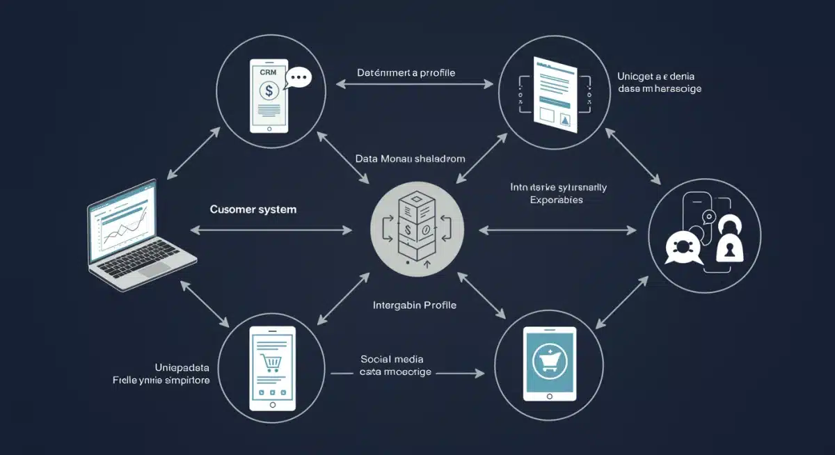Infographic demonstrating seamless customer data flow across CRM, e-commerce, mobile, and social media for omnichannel personalization.