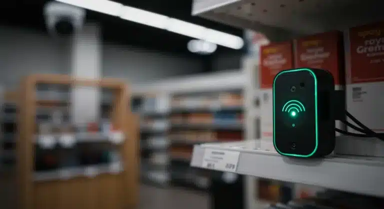 IoT sensor actively monitoring a product on a retail shelf for shrinkage prevention