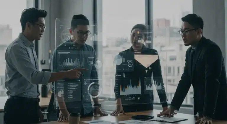 Professionals analyzing mobile e-commerce data for conversion optimization