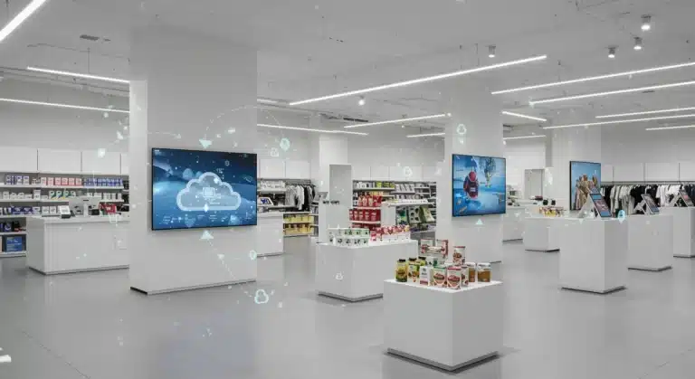 Modern retail store interior with integrated cloud technology for enhanced operations