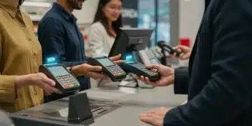 Modern retail checkout with customers using contactless payments