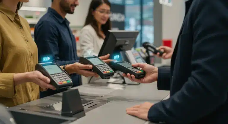 Modern retail checkout with customers using contactless payments