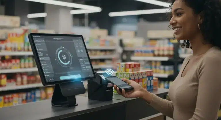 Modern retail POS system with contactless payment and smiling customer