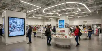 Modern retail store interior with interactive displays and engaged customers